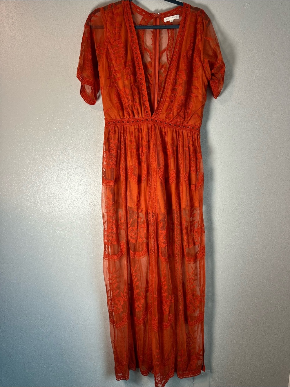 Embroidered Lace Romper Maxi Dress Orange Rust